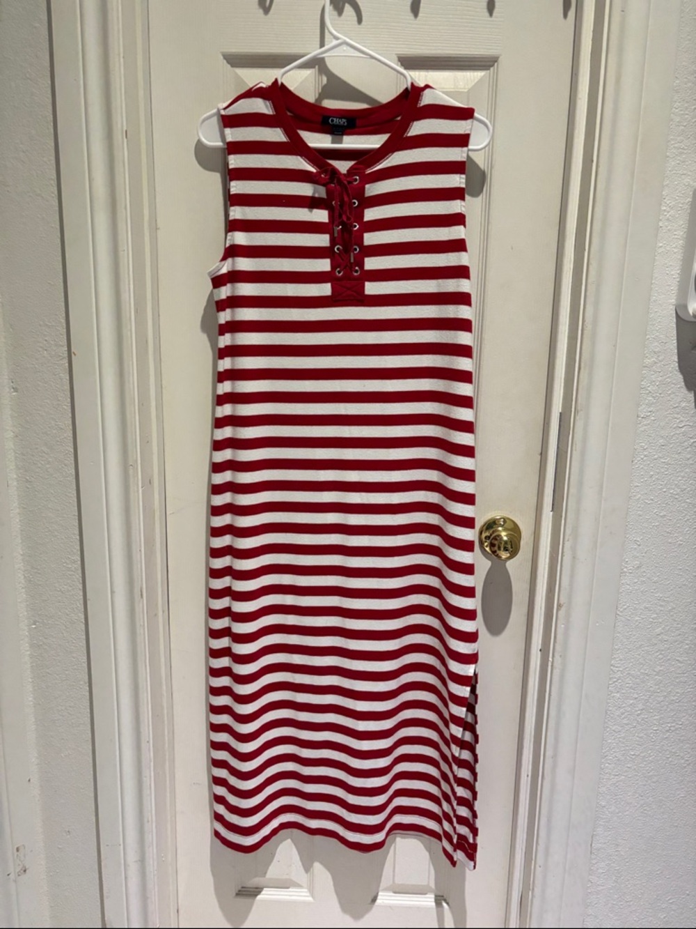 CHAPS Red & White Striped Lace-Up Sleeveless Midi Dress